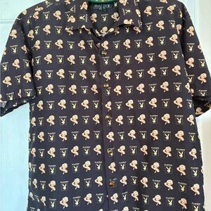 PLAYBOY Men's Black and Cream Graphic Button Down Shirt